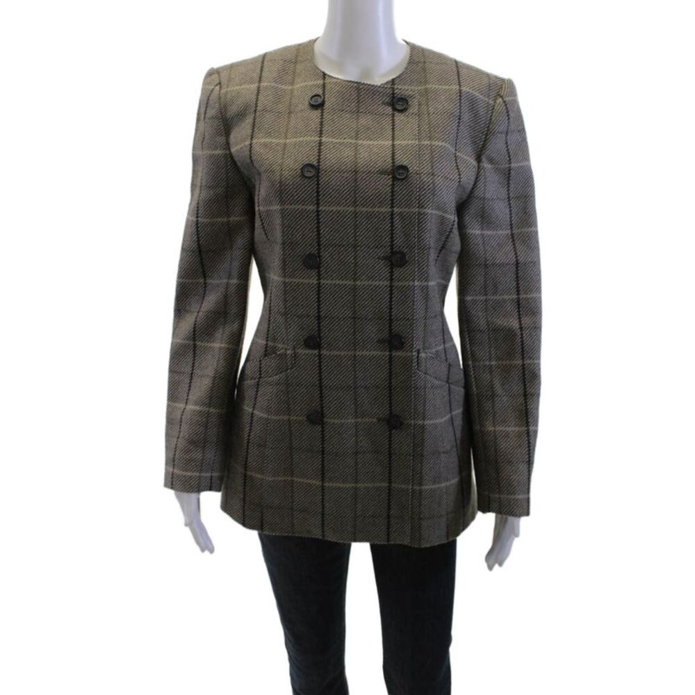Escada Margaretha Ley Women Gray Checked Wool Blazer Button Long Sleeve Size 34